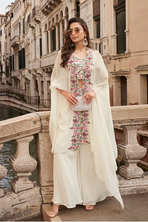 Free Size Stitched White Embroidered Chinon Co-Ord Set (ACA7973)