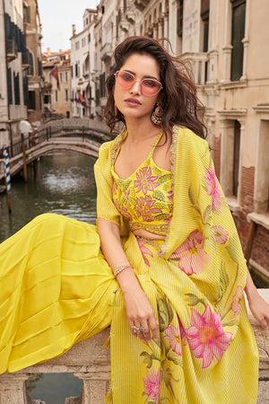 Free Size Stitched Yellow Embroidered Chinon Co-Ord Set (ACA7974)