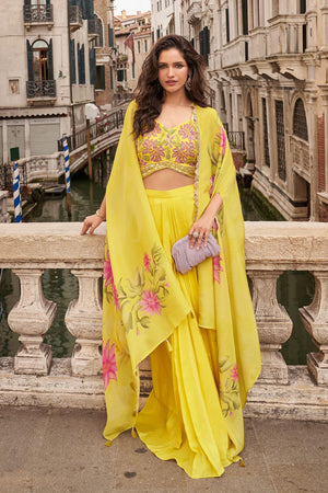 Free Size Stitched Yellow Embroidered Chinon Co-Ord Set (ACA7974)