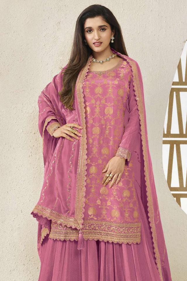 Free Size Stitched Violet Embroidered Chinon Sharara Suit (ACA7975)