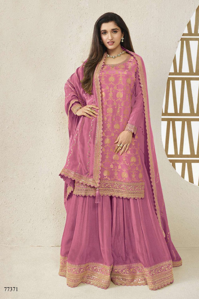 Free Size Stitched Violet Embroidered Chinon Sharara Suit (ACA7975)