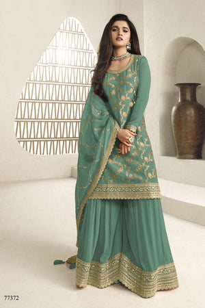 Free Size Stitched Blue Embroidered Chinon Sharara Suit (ACA7976)