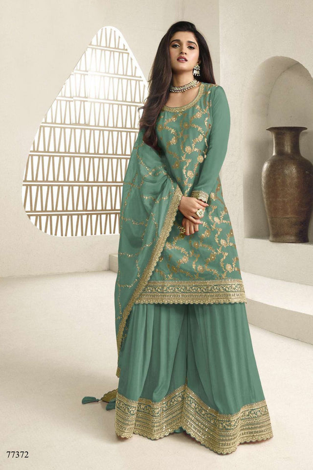 Free Size Stitched Blue Embroidered Chinon Sharara Suit (ACA7976)