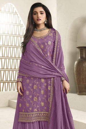 Free Size Stitched Lavender Embroidered Chinon Sharara Suit (ACA7977)