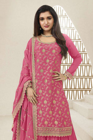 Free Size Stitched Pink Embroidered Chinon Sharara Suit (ACA7979)