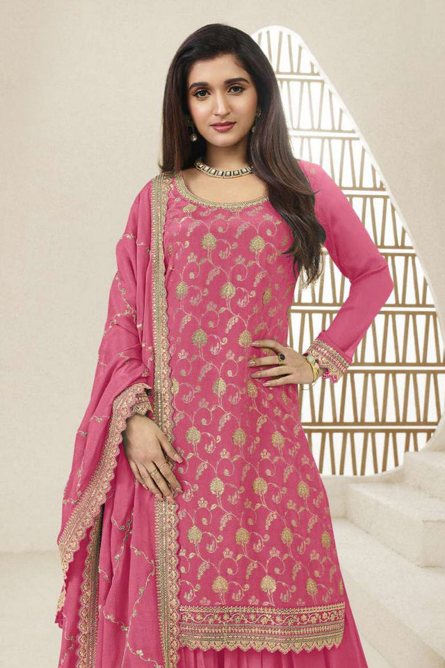 Free Size Stitched Pink Embroidered Chinon Sharara Suit (ACA7979)