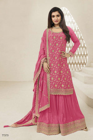Free Size Stitched Pink Embroidered Chinon Sharara Suit (ACA7979)