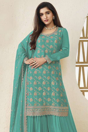Free Size Stitched Turquoise Embroidered Chinon Sharara Suit (ACA7980)