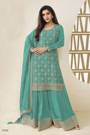 Free Size Stitched Turquoise Embroidered Chinon Sharara Suit (ACA7980)