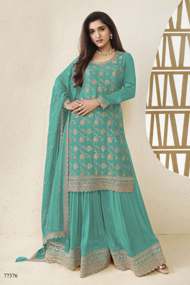 Free Size Stitched Turquoise Embroidered Chinon Sharara Suit (ACA7980)