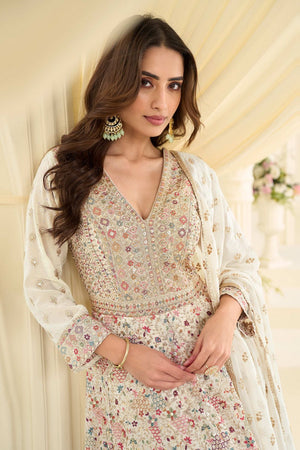 Free Size Stitched Off White Embroidered Georgette Gown (ACA7981)