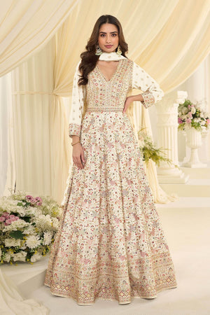 Free Size Stitched Off White Embroidered Georgette Gown (ACA7981)