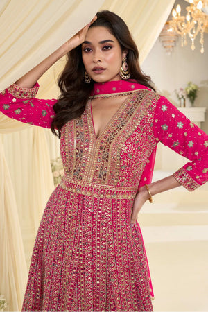 Free Size Stitched Pink Embroidered Georgette Gown (ACA7982)