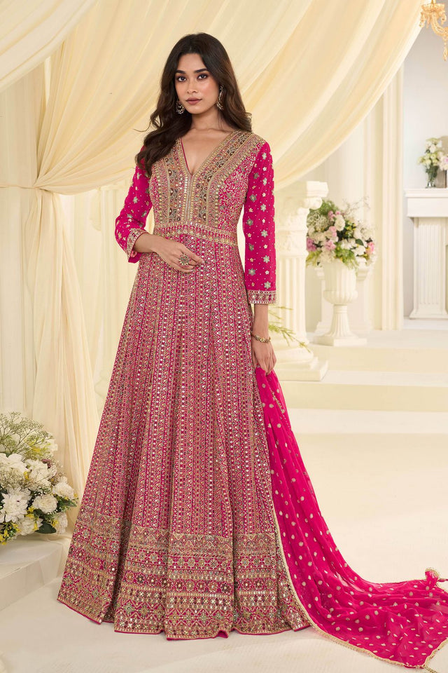 Free Size Stitched Pink Embroidered Georgette Gown (ACA7982)