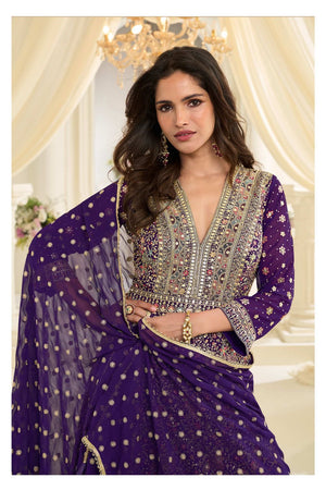 Free Size Stitched Violet Embroidered Georgette Gown (ACA7983)