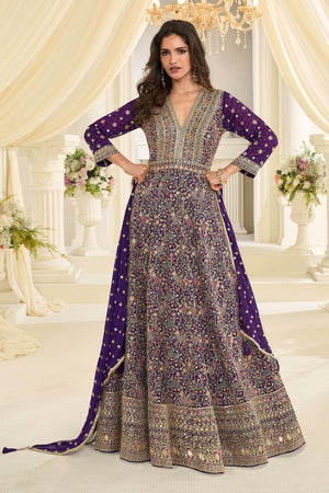 Free Size Stitched Violet Embroidered Georgette Gown (ACA7983)