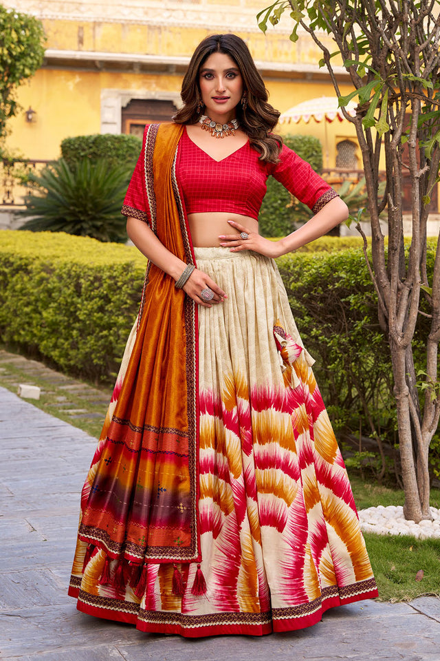 Multi Color Printed Silk Lehenga (ACA7999)