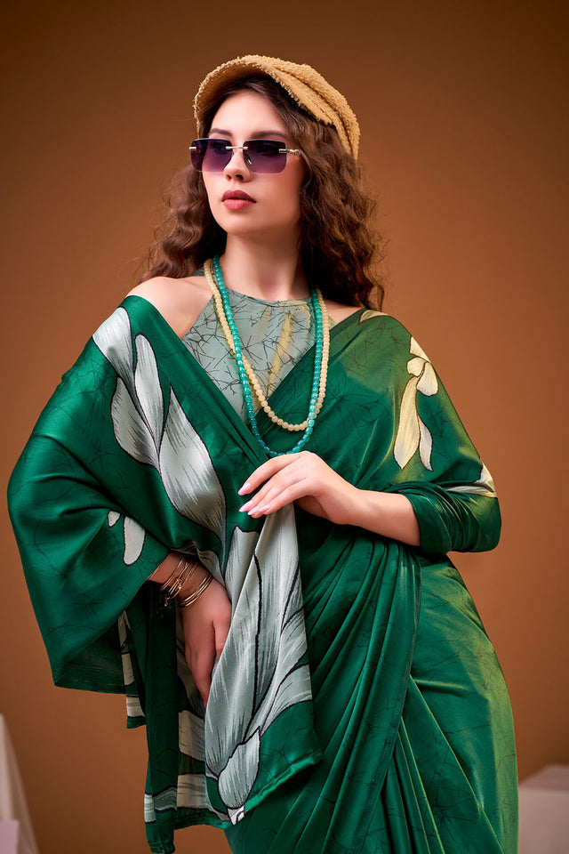 Green Floral Printed Satin Saree (ACA8000)