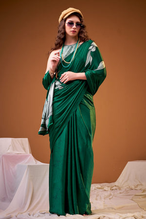 Green Floral Printed Satin Saree (ACA8000)