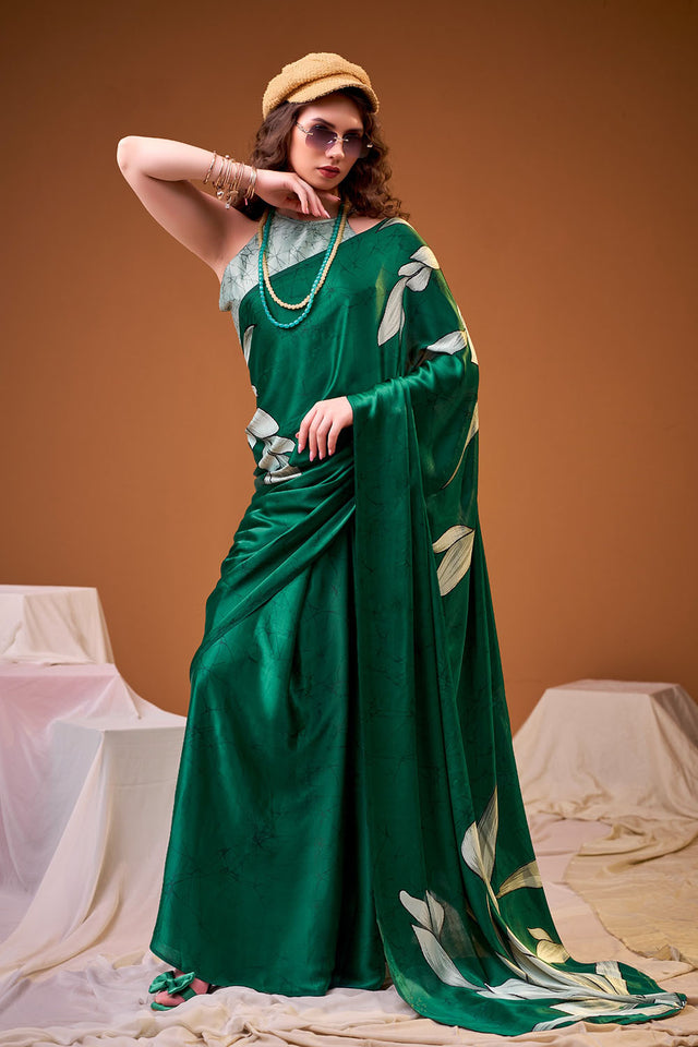 Green Floral Printed Satin Saree (ACA8000)