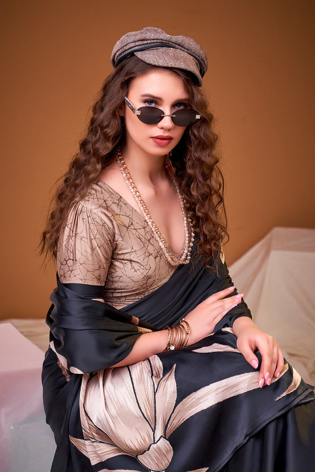 Black Floral Printed Satin Saree (ACA8002)