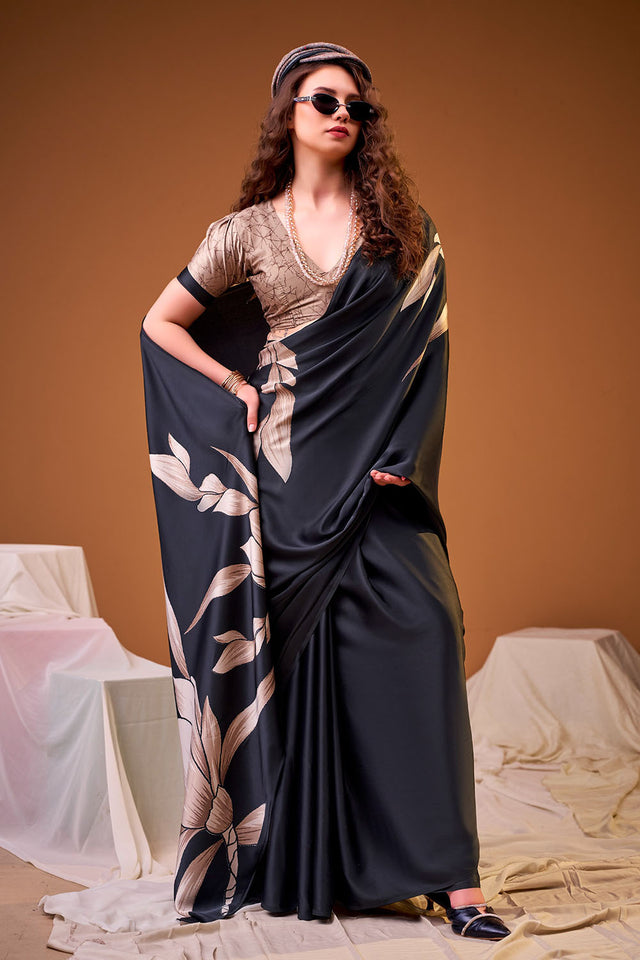 Black Floral Printed Satin Saree (ACA8002)