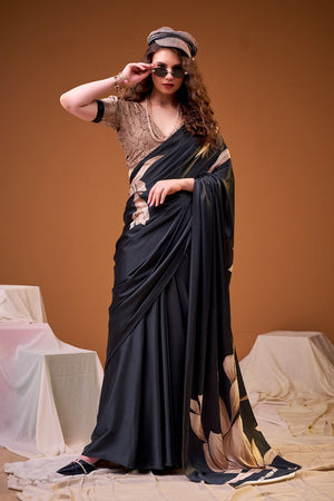 Black Floral Printed Satin Saree (ACA8002)
