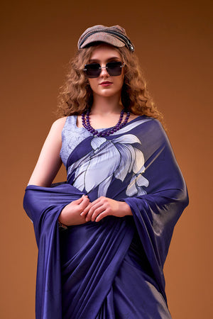 Blue Floral Printed Satin Saree (ACA8003)