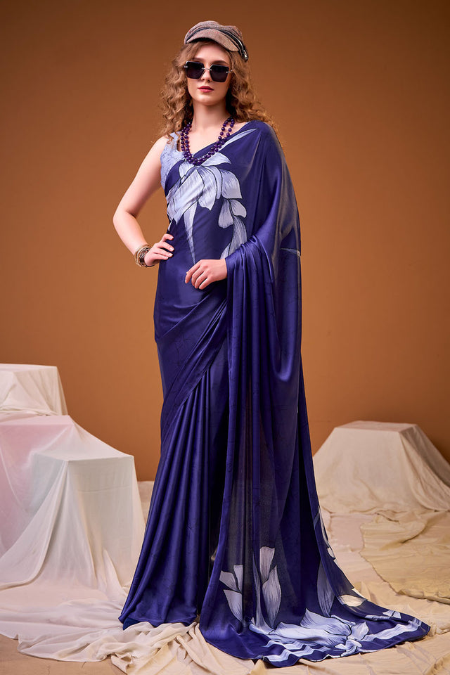 Blue Floral Printed Satin Saree (ACA8003)