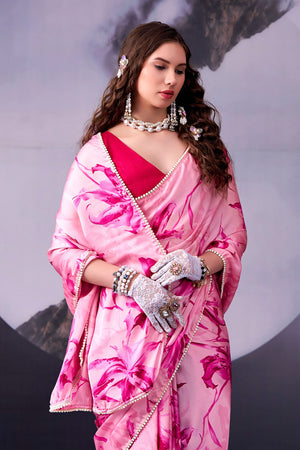 Pink Floral Printed Satin Saree (ACA8004)