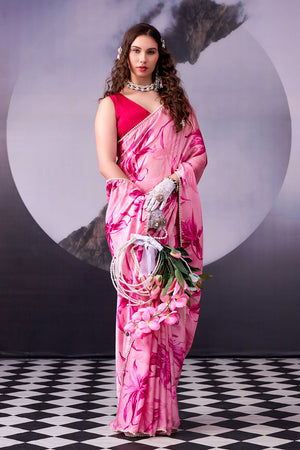 Pink Floral Printed Satin Saree (ACA8004)