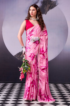 Pink Floral Printed Satin Saree (ACA8004)