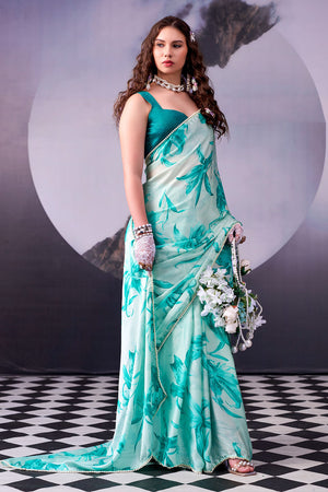 Sea Green Floral Printed Satin Saree (ACA8005)