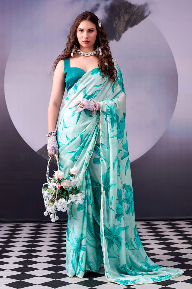 Sea Green Floral Printed Satin Saree (ACA8005)