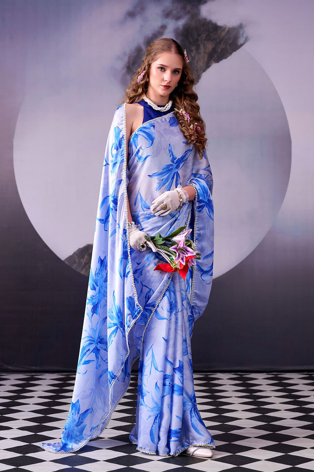 Blue Floral Printed Satin Saree (ACA8006)