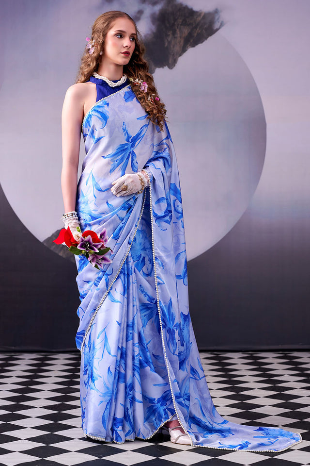 Blue Floral Printed Satin Saree (ACA8006)