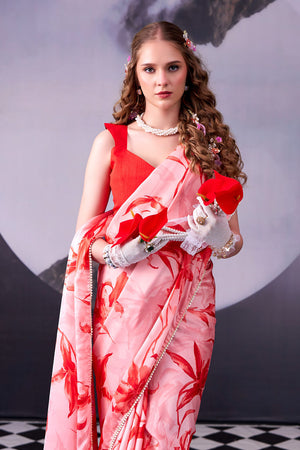 Red Floral Printed Satin Saree (ACA8007)