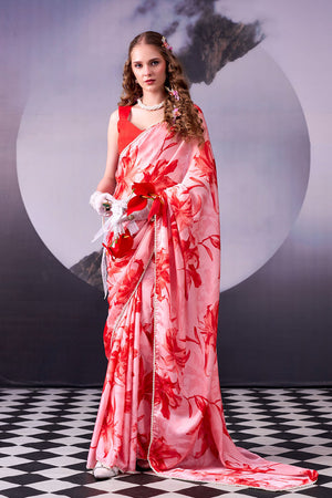 Red Floral Printed Satin Saree (ACA8007)
