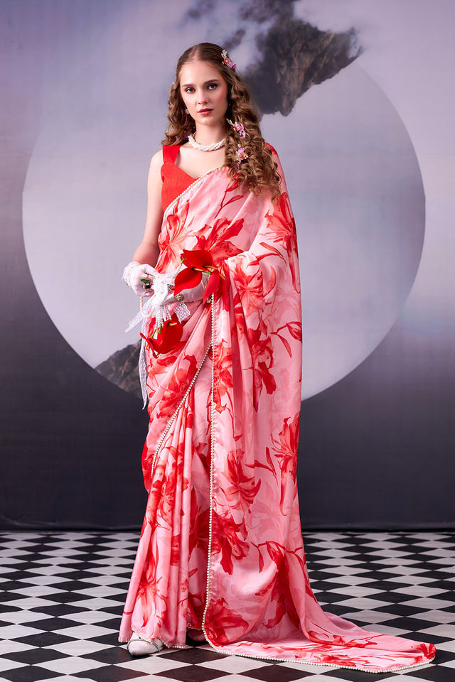Red Floral Printed Satin Saree (ACA8007)