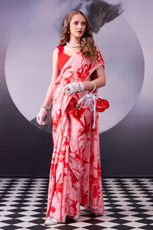 Red Floral Printed Satin Saree (ACA8007)