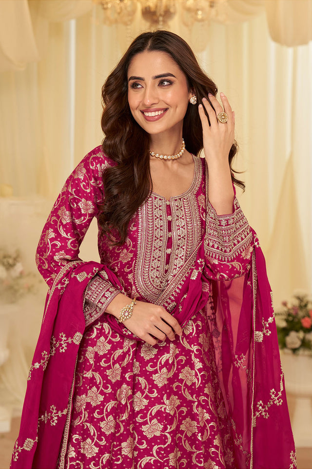 Pink Floral Embroidered Viscose Gown (ACA8008)