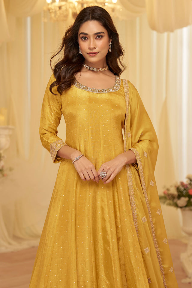 Yellow Sequin with Embroidered Viscose Gown (ACA8010)