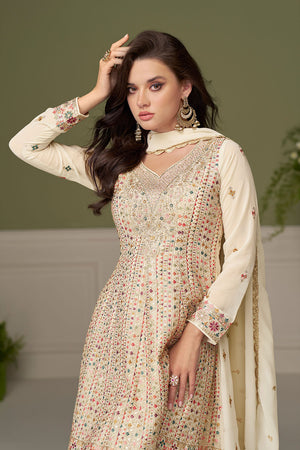 Off White Sequin with Embroidered Georgette Palazzo Suit (ACA8011)