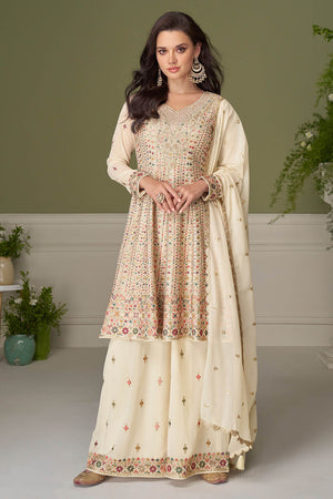 Off White Sequin with Embroidered Georgette Palazzo Suit (ACA8011)