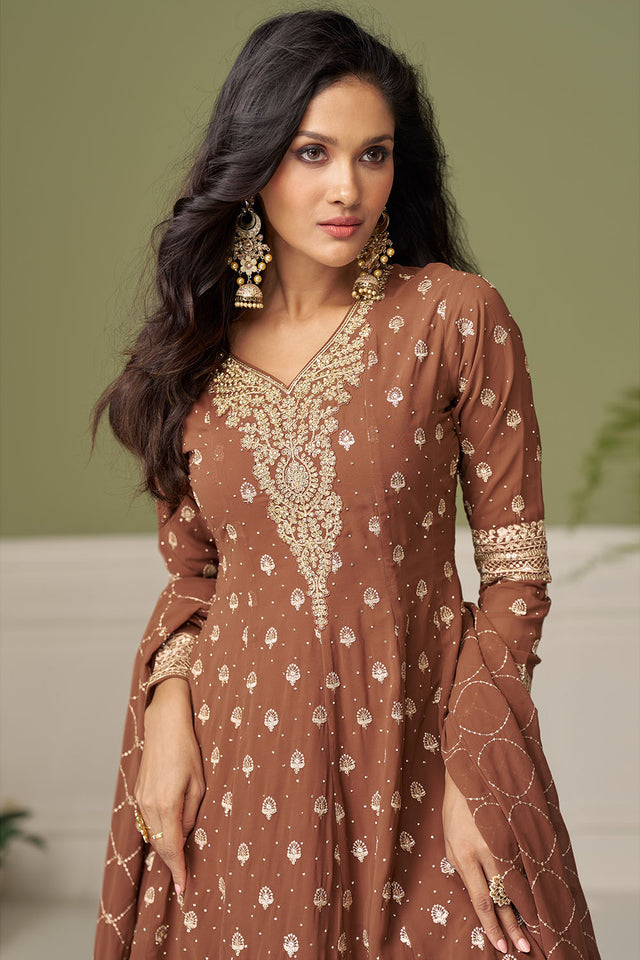 Brown Embroidered Georgette Palazzo Suit (ACA8012)