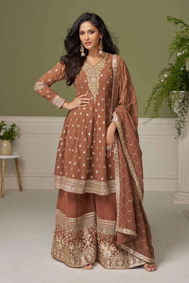Brown Embroidered Georgette Palazzo Suit (ACA8012)