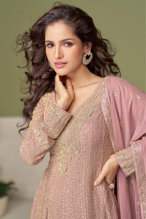 Pink Embroidered Georgette Palazzo Suit (ACA8013)