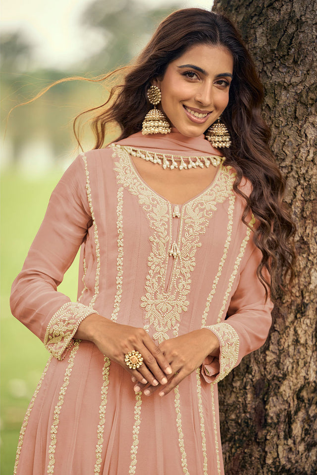 Pink Beads Embossed Georgette Anarkali Suit (ACA8022)