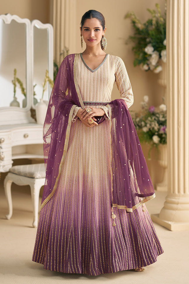 Cream Embroidered Georgette Gown (ACA8026)