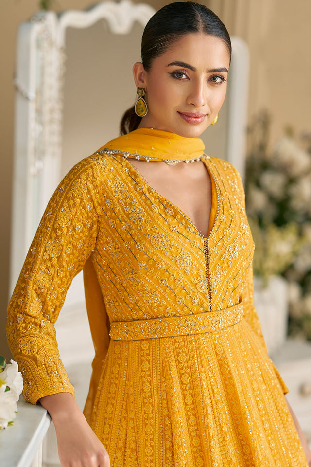 Yellow Floral Embroidered Georgette Gown (ACA8027)